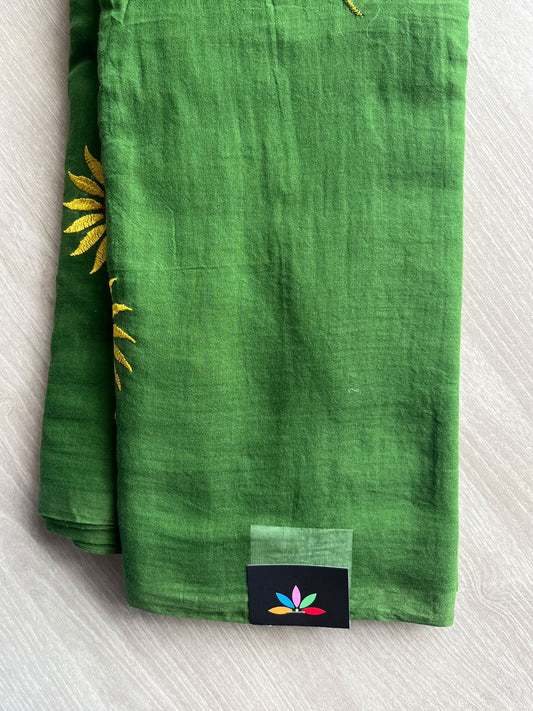 Jungle Green Floral Embroidered Feather Light Mul Cotton Saree (Without Blouse) - 36554