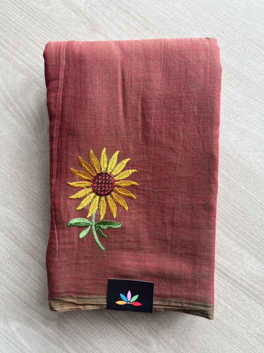 Red Ochre Shade Floral Embroidered Feather Light Mul Cotton Saree (Without Blouse) - 36555