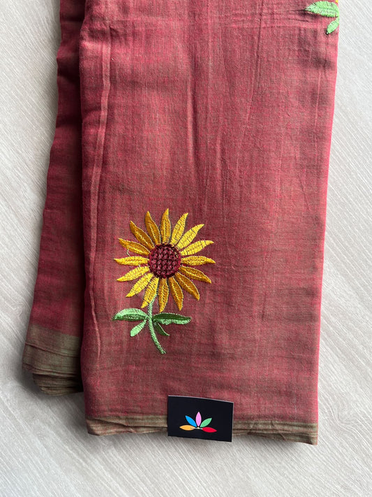 Red Ochre Shade Floral Embroidered Feather Light Mul Cotton Saree (Without Blouse) - 36555