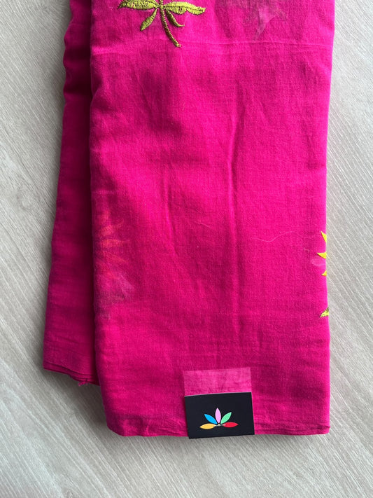 Bright Pink Floral Embroidered Feather Light Mul Cotton Saree (Without Blouse) - 36557