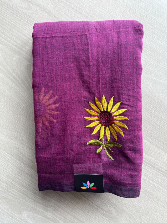 Byzantium Purple Floral Embroidered Feather Light Mul Cotton Saree (Without Blouse) - 36558