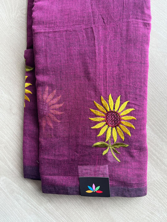 Byzantium Purple Floral Embroidered Feather Light Mul Cotton Saree (Without Blouse) - 36558