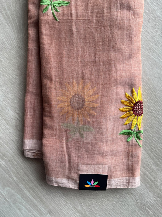 Almond Beige Floral Embroidered Feather Light Mul Cotton Saree (Without Blouse) - 36559
