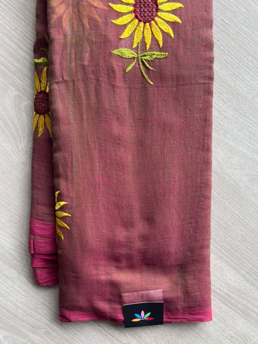 Dusky Rose Floral Embroidered Feather Light Mul Cotton Saree (Without Blouse) - 36561