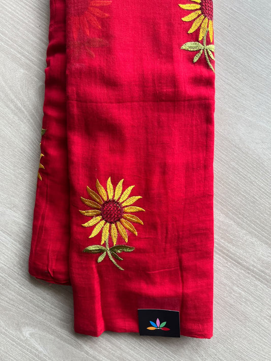 Venetian Red Floral Embroidered Feather Light Mul Cotton Saree (Without Blouse) - 36564-36565