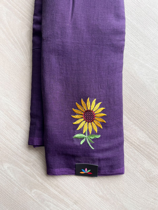 Royal Purple Floral Embroidered Feather Light Mul Cotton Saree (Without Blouse) - 36566-36567