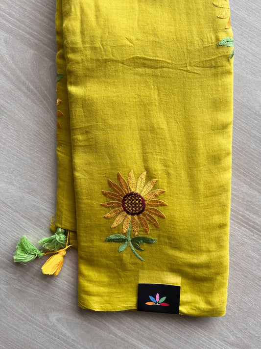 Corn Yellow Floral Embroidered Feather Light Mul Cotton Saree (Without Blouse) - 36568-36569
