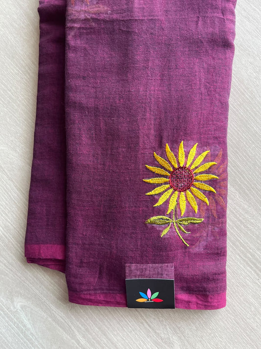 Grape Purple Floral Embroidered Feather Light Mul Cotton Saree (Without Blouse) - 36570-36571