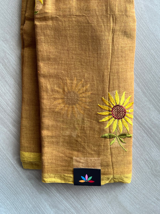 Gold Ochre Shade Floral Embroidered Feather Light Mul Cotton Saree (Without Blouse) - 36572-36573