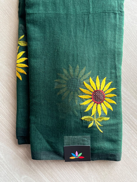 Dark Green Floral Embroidered Feather Light Mul Cotton Saree (Without Blouse) - 36574-36575