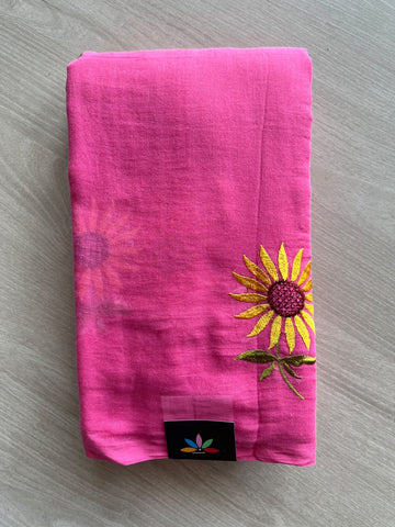 Floral Embroidered Feather Light Mul Cotton Saree (Without Blouse) - 36576