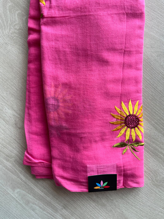 Hot Pink Floral Embroidered Feather Light Mul Cotton Saree (Without Blouse) - 36576