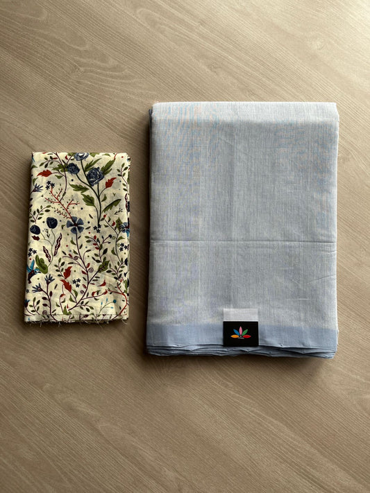 Handloom Mangalagiri Plain Cotton Saree with Contrast Blouse Fabric-23456