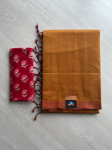 Handloom Mangalagiri Plain Cotton Saree with Contrast Blouse Fabric-23459