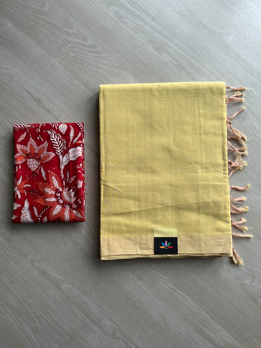 Handloom Mangalagiri Plain Cotton Saree with Contrast Blouse Fabric-23460