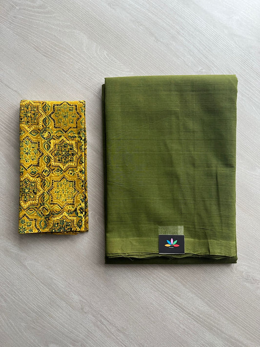 Handloom Mangalagiri Plain Cotton Saree with Contrast Blouse Fabric-23461