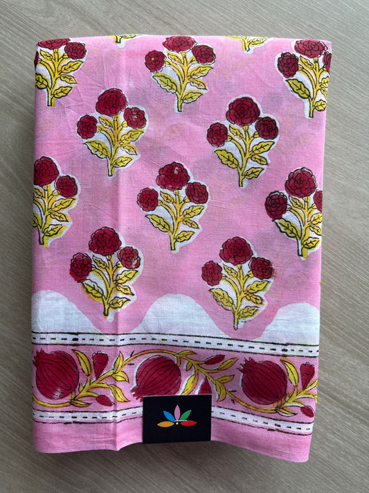 Soft Pink Handblock Printed Mul Cotton Saree - 30283 - 30286