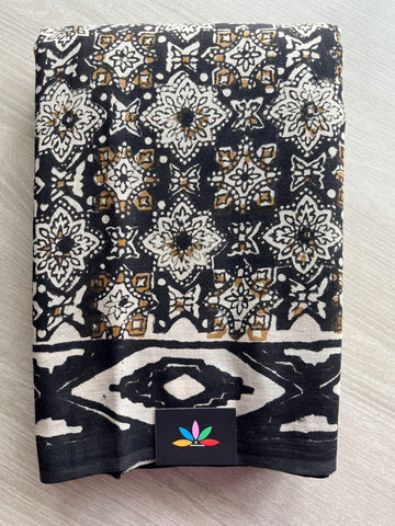 Black Handblock Printed Mul Cotton Saree - 30297-30298,30351
