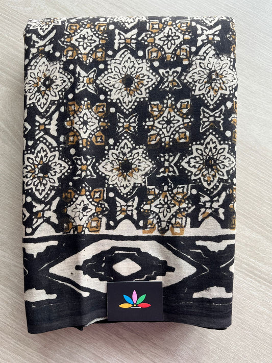 Black Handblock Printed Mul Cotton Saree - 30297-30298,30351