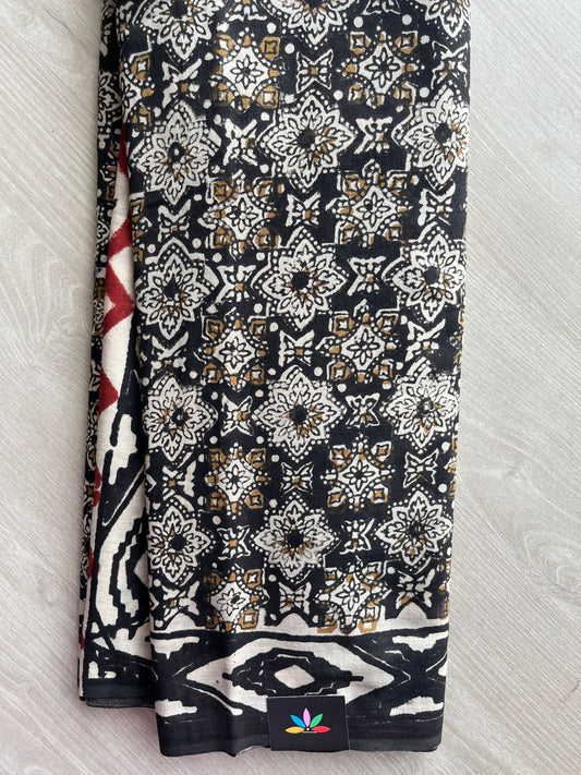 Black Handblock Printed Mul Cotton Saree - 30297-30298,30351