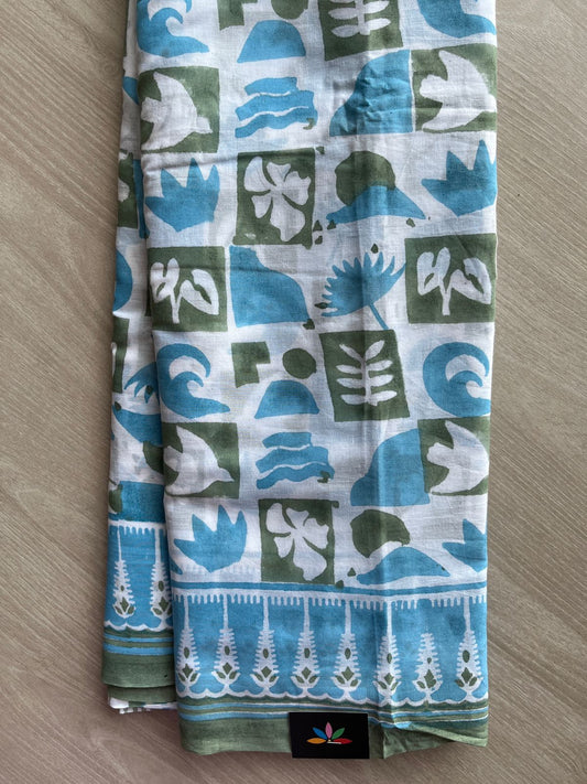 Handblock Printed Mul Cotton Saree - 30305 -30306