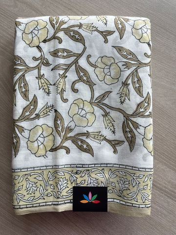 White Handblock Printed Mul Cotton Saree - 32345_32346