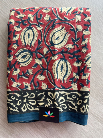 Rust Maroon Handblock Printed Mul Cotton Saree - 30317 -30318