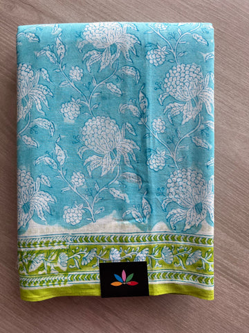 Sky Blue Handblock Printed Mul Cotton Saree - 32347_32348