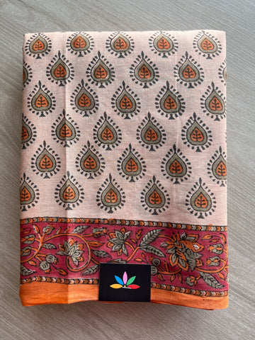 Light Orange Handblock Printed Mul Cotton Saree - 30329-30330