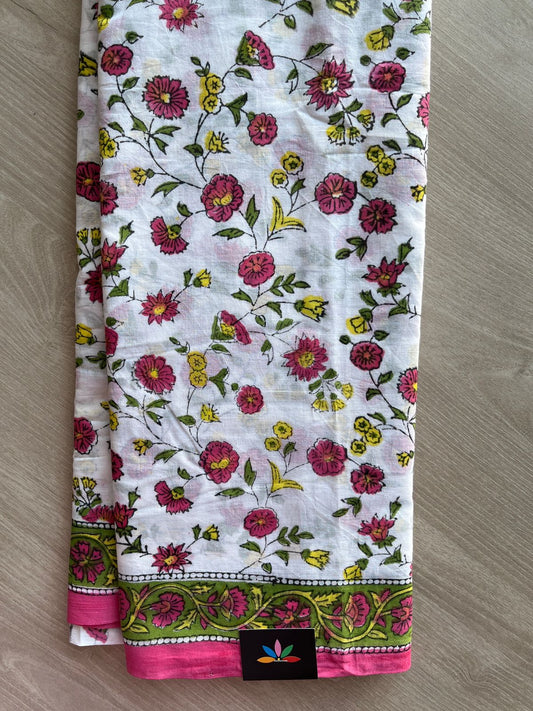 White Handblock Printed Mul Cotton Saree - 32349_32350