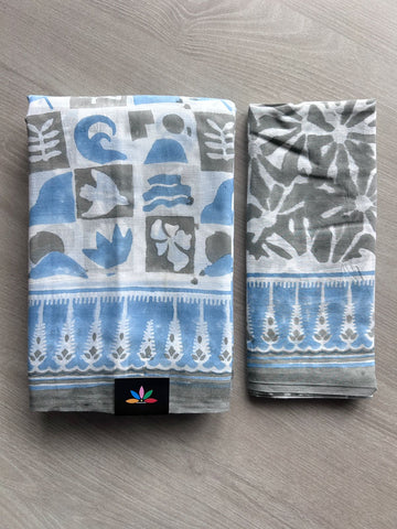 Handblock Printed Mul Cotton Saree - 32367_32368