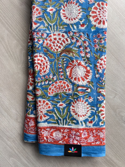 Azure Blue Handblock Printed Mul Cotton Saree - 32371_32372