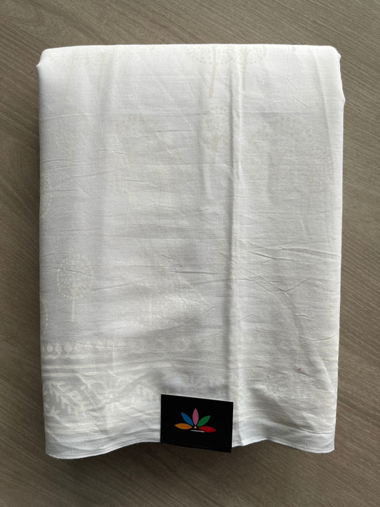 White Handblock Printed Mul Cotton Saree - 32382