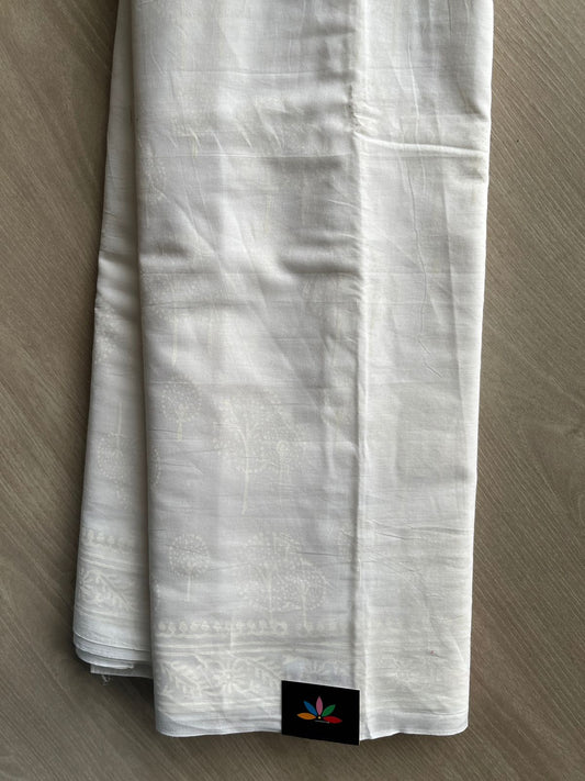 White Handblock Printed Mul Cotton Saree - 32382