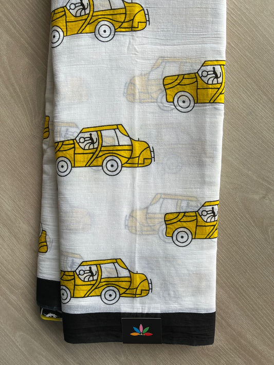 White Quirky Printed Mul Cotton Saree - 32400_32404