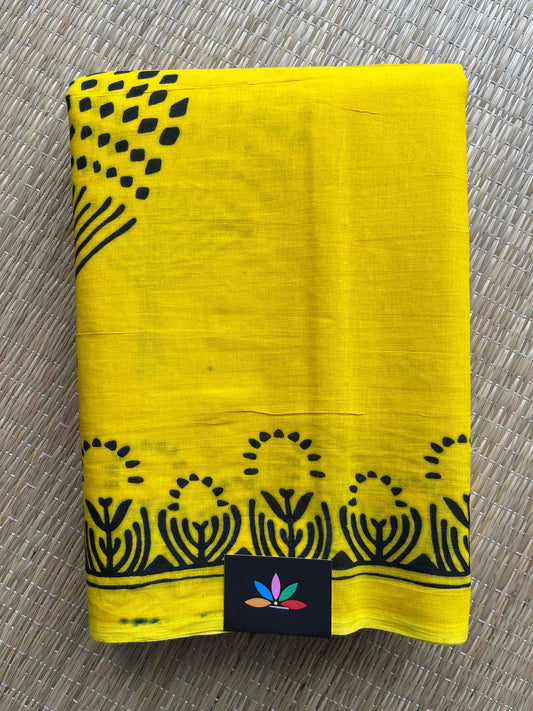 Bright Yellow Designer Screen Printed Mul Cotton Saree- 32454_32455