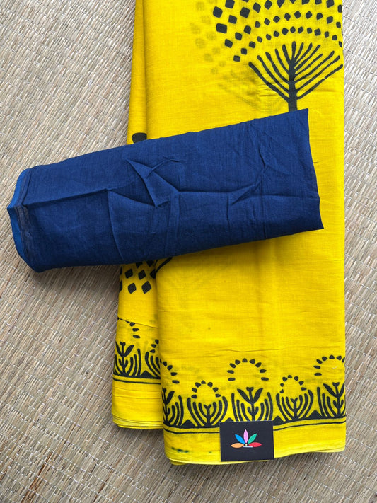 Bright Yellow Designer Screen Printed Mul Cotton Saree- 32454_32455
