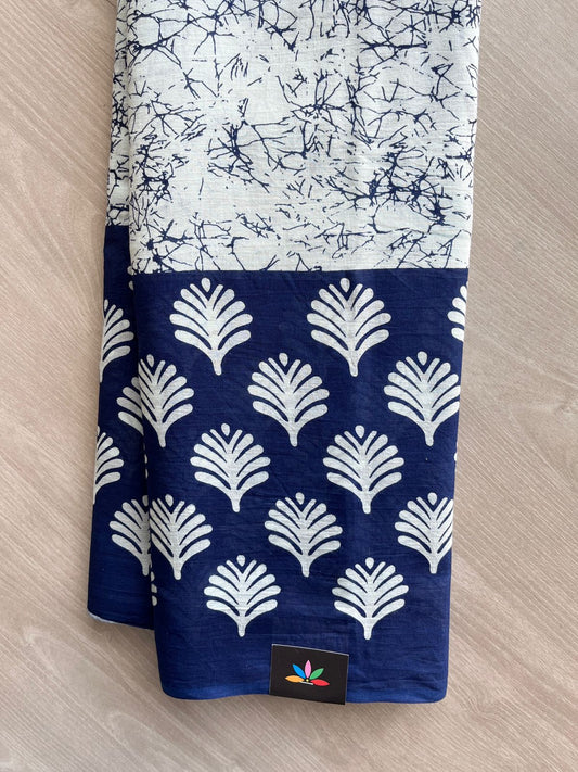 Off-White & Blue Zodiac Designer Screen Printed Mul Cotton Saree - 32460_32461