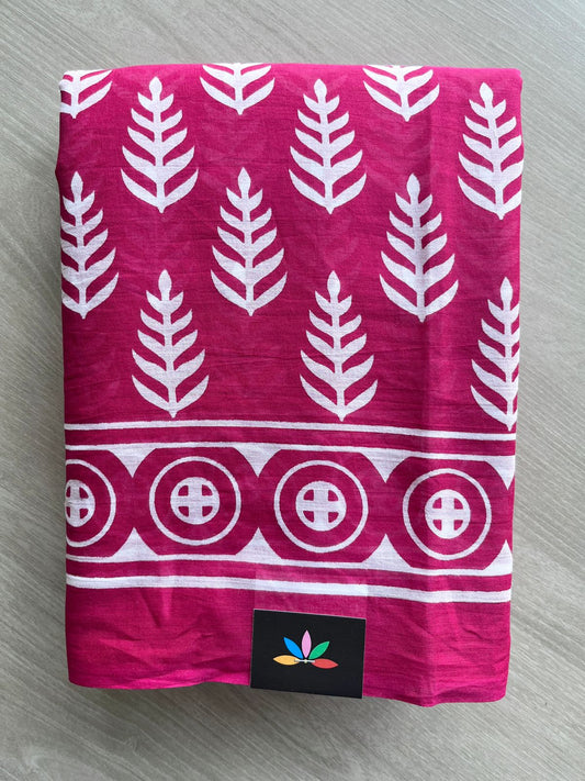 Dark Hot Pink Designer Screen Printed Mul Cotton Saree - 32466_32467
