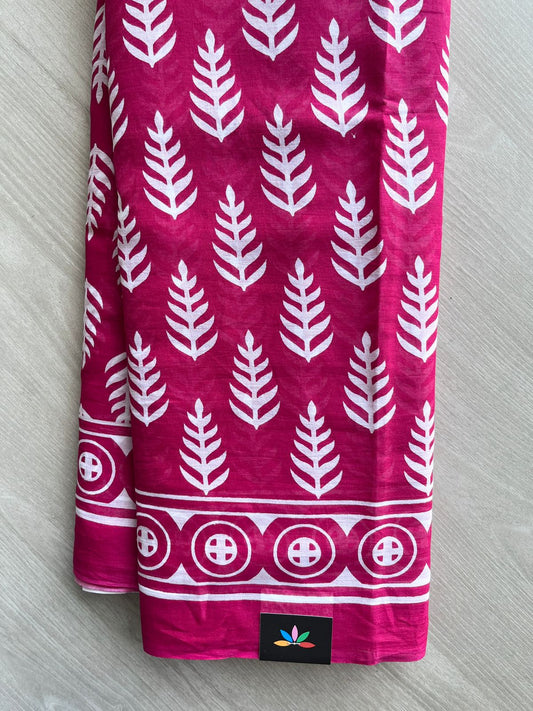 Dark Hot Pink Designer Screen Printed Mul Cotton Saree - 32466_32467