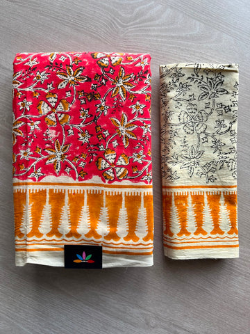 Handblock Printed Mul Cotton Saree - 34393-34394