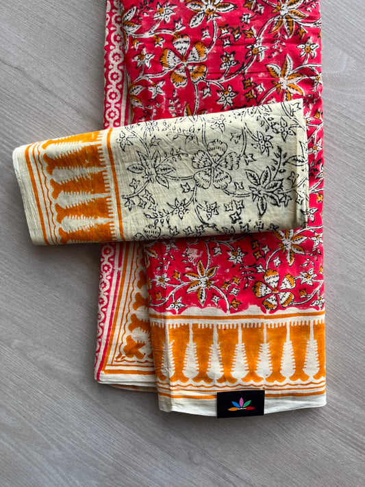 Handblock Printed Mul Cotton Saree - 34393-34394