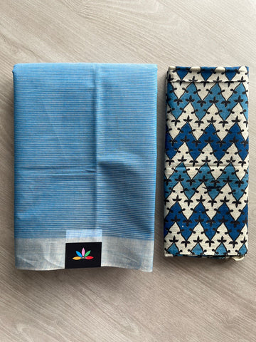 Steel Blue Plain Mangalagiri Cotton Saree with Printed Cotton Blouse - 32309