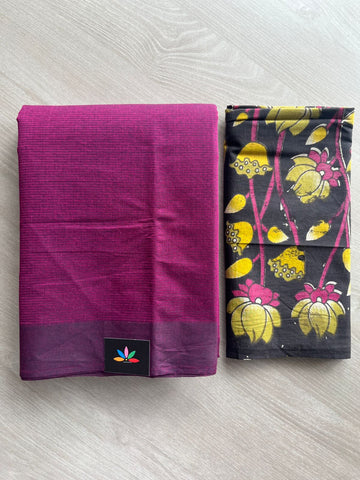 Dark Fuchsia Plain Mangalagiri Cotton Saree with Printed Cotton Blouse - 32310
