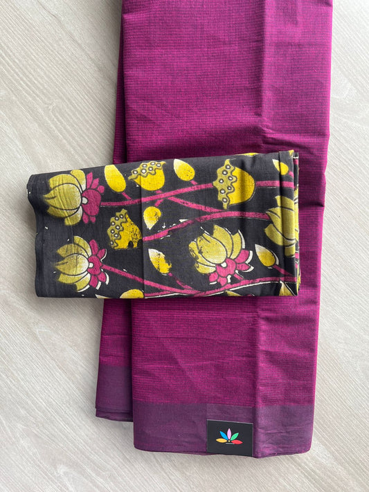 Dark Fuchsia Plain Mangalagiri Cotton Saree with Printed Cotton Blouse - 32310