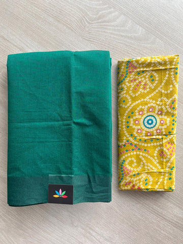 Emerald Green Plain Mangalagiri Cotton Saree with Printed Cotton Blouse - 32311
