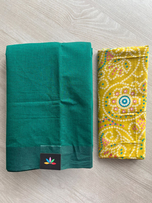 Emerald Green Plain Mangalagiri Cotton Saree with Printed Cotton Blouse - 32311