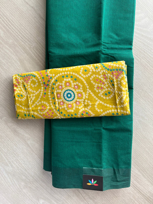 Emerald Green Plain Mangalagiri Cotton Saree with Printed Cotton Blouse - 32311