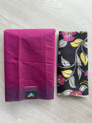Dark Fuchsia Plain Mangalagiri Cotton Saree with Printed Cotton Blouse - 32312