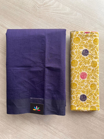 Dark Lavender Plain Mangalagiri Cotton Saree with Printed Cotton Blouse - 32313_32314